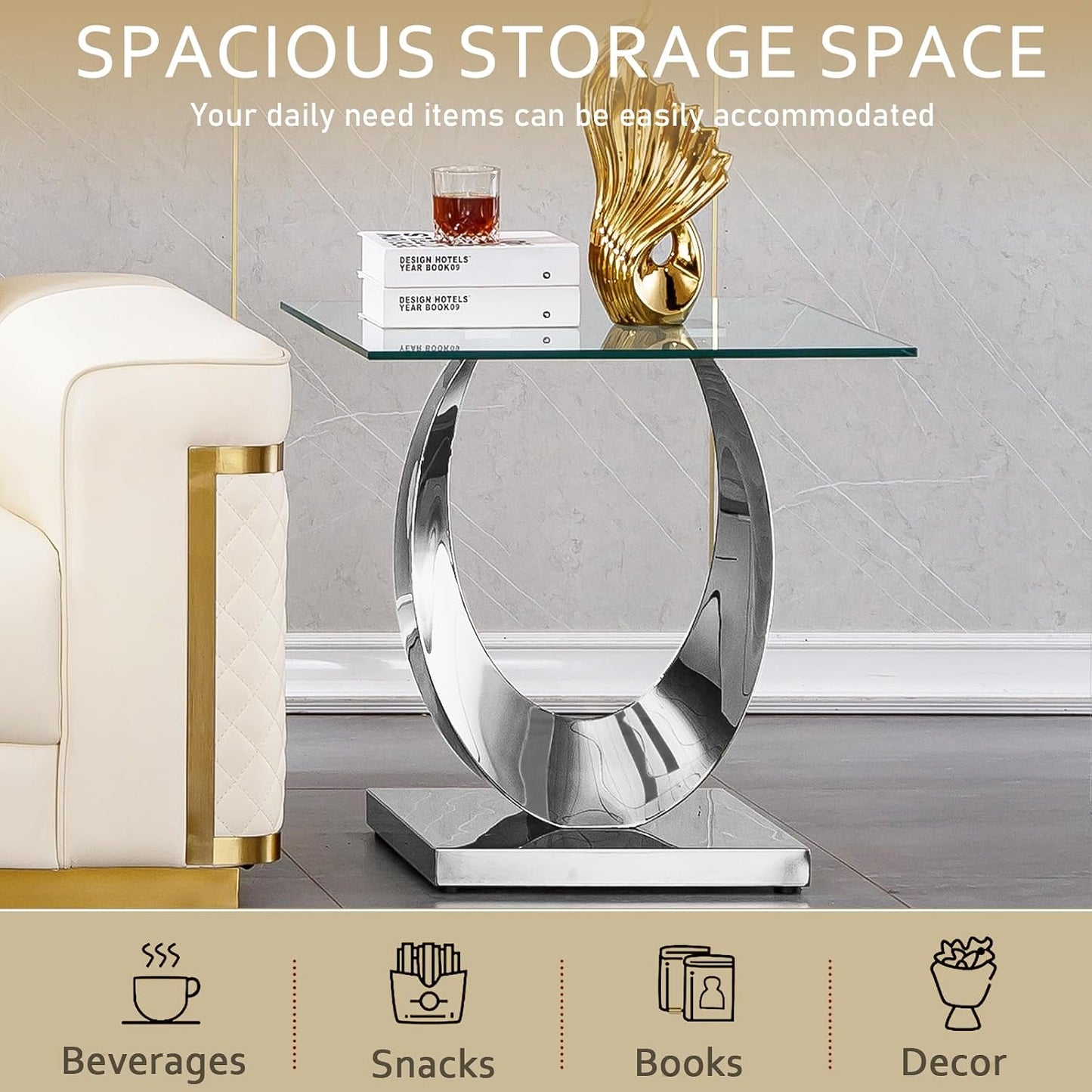 Modern Glass Side Table with Metal Frame