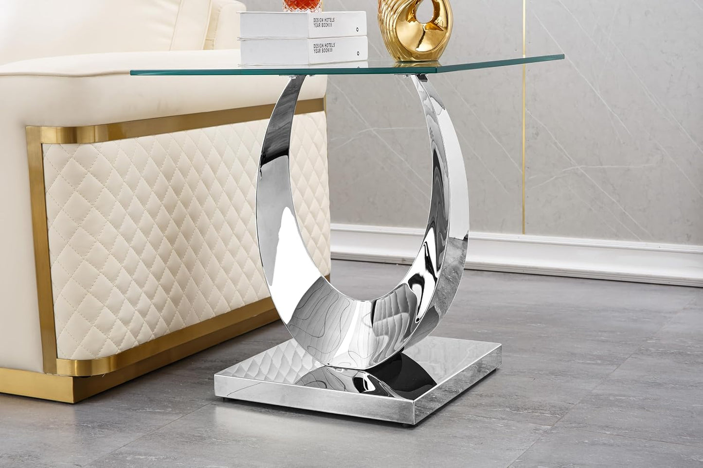 Modern Glass Side Table with Metal Frame